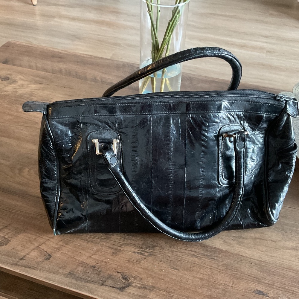 Genuine Black Leather Eel Skin Doctor Handbag